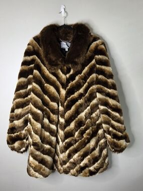 Dennis Basso Platinum Chevron Striped Faux Fur Coat